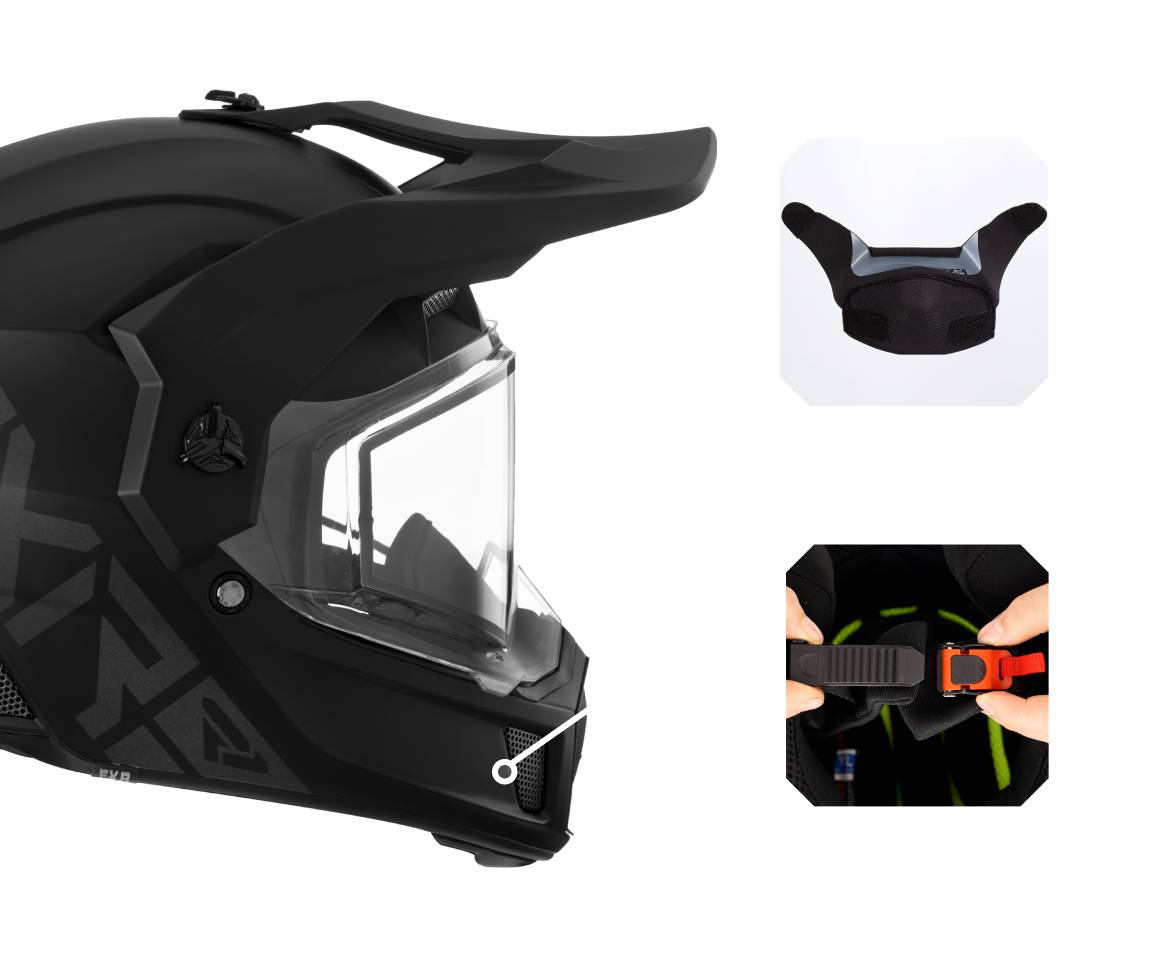 A right-side view image of Clutch X Prime helmet highlighting the integrated removable breath box and the quick release, easy adjust buckle