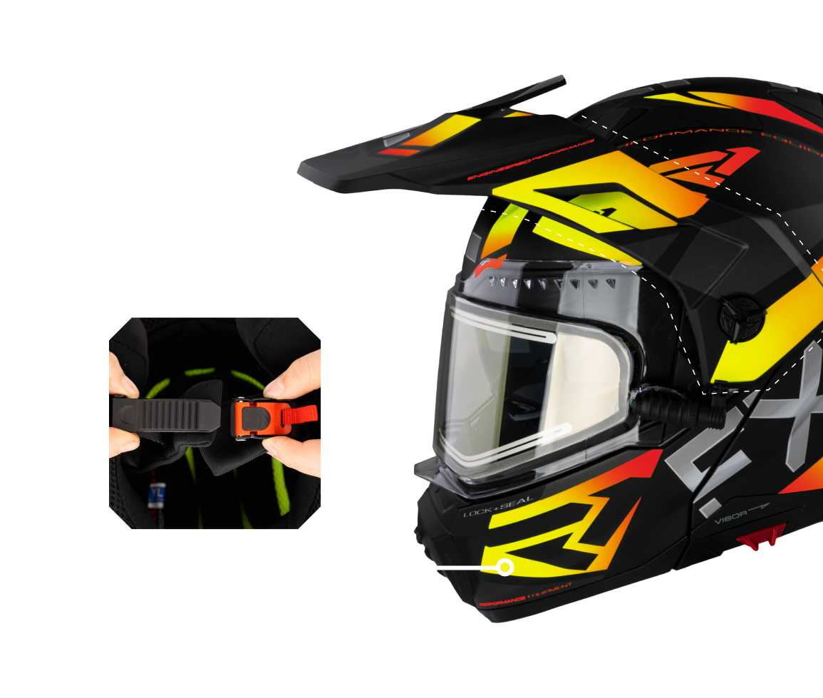A left-side view image of Maverick X helmet highlighting the strong removable peak
