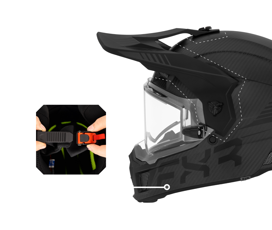 A left-side view image of Clutch Evo helmet highlighting the adjustable ultra hi-flow shape peak