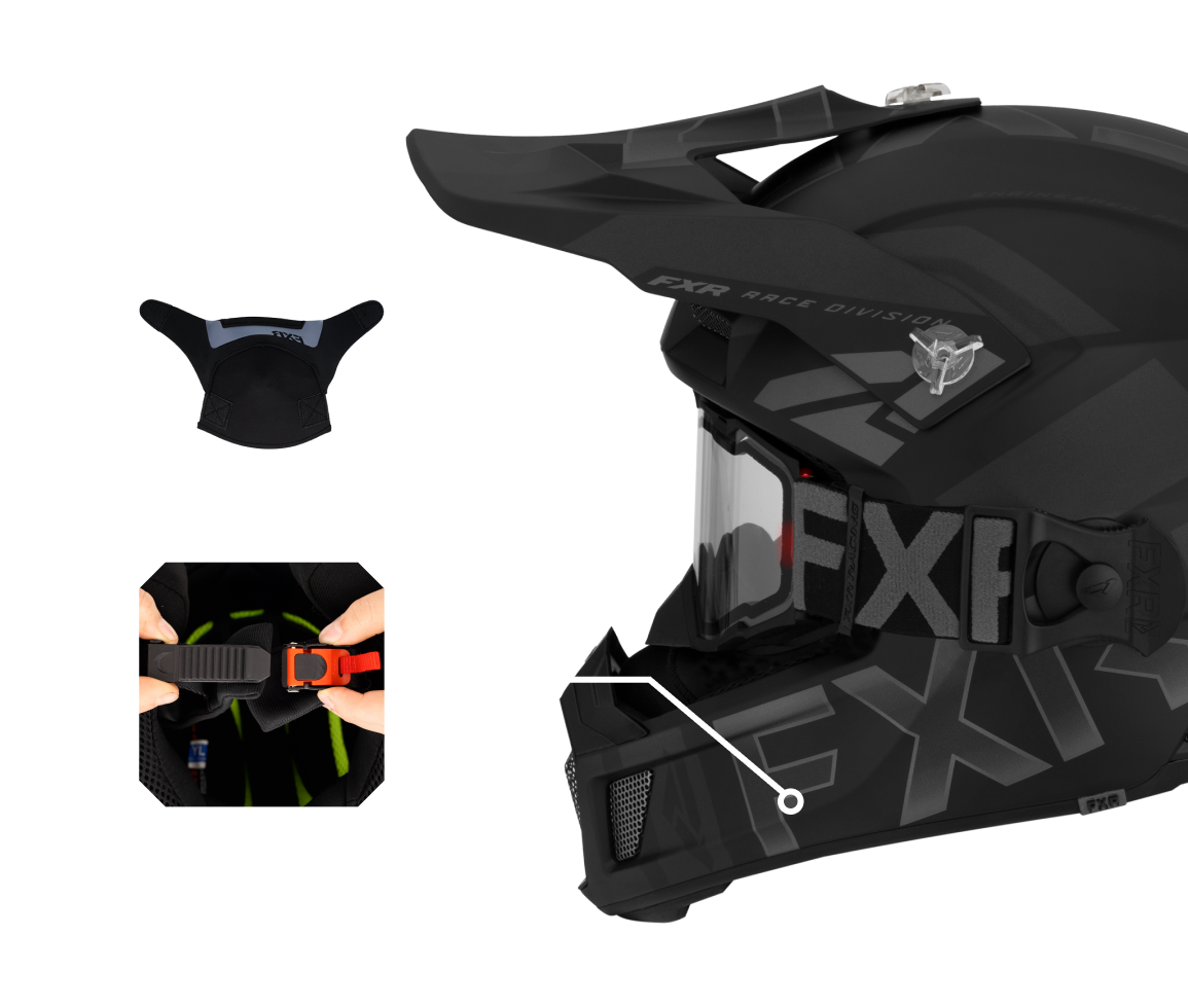 A left-side view image of Clutch Coldstop QRS helmet highlighting the integrated removable breath box and the quick-relase, easy adjust buckle