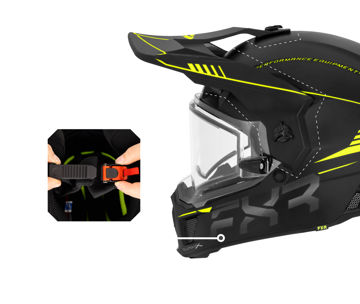 A left-side view image of Clutch Evo helmet highlighting the adjustable ultra hi-flow shape peak