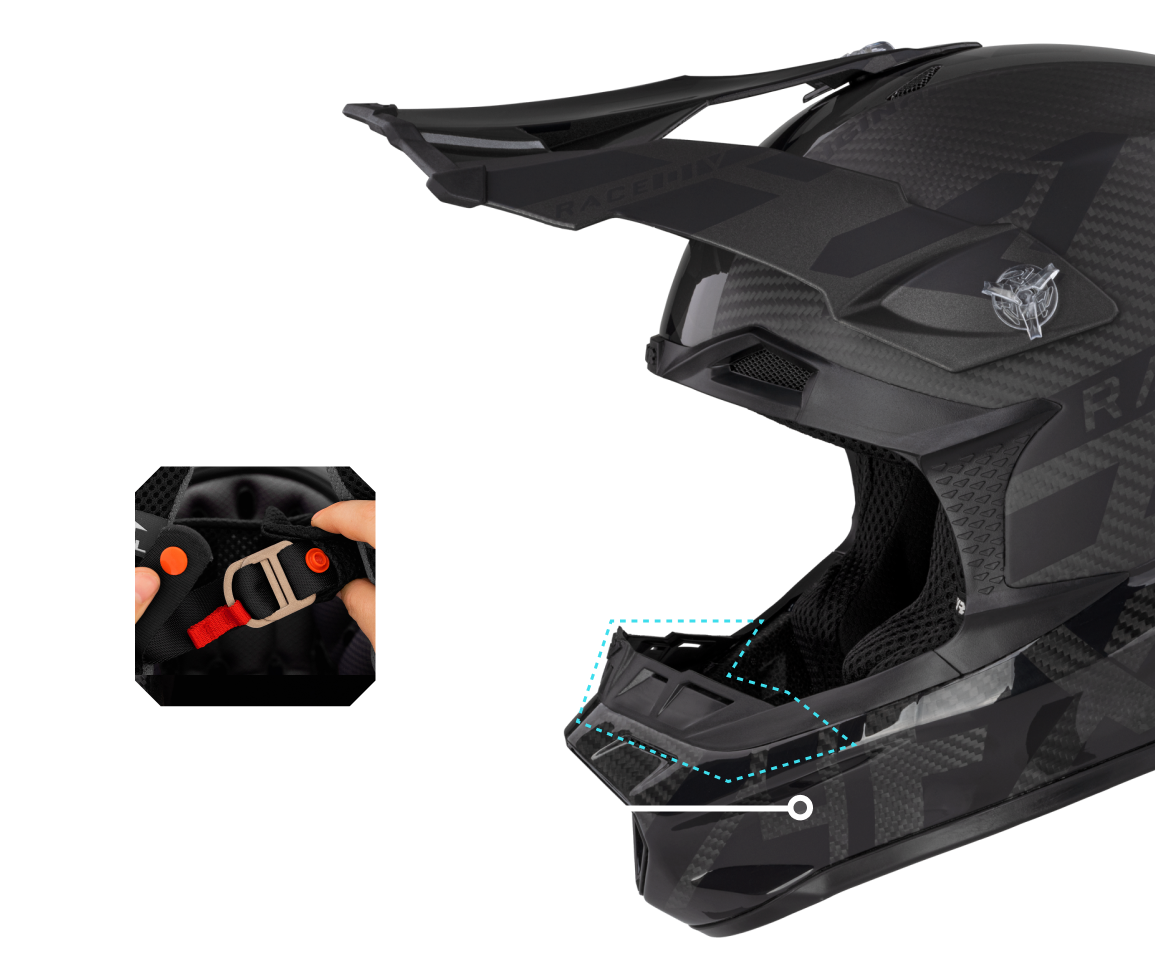 A left-side view image of Helium Race Div helmet highlighting the extended rubber nose frost and roost guard