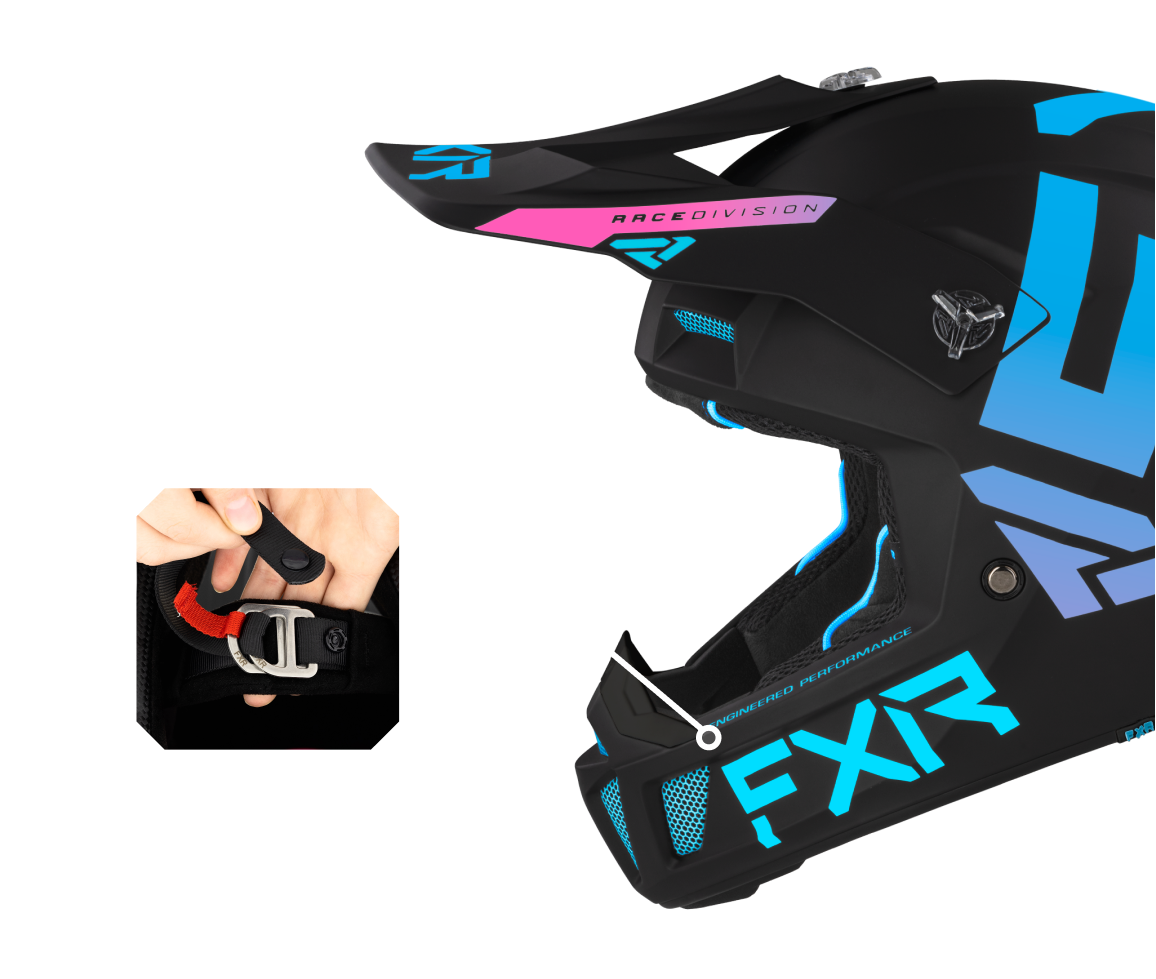 A left-side view image of Clutch CX helmet highlighting the adjustable ultra hi-flow shape peak