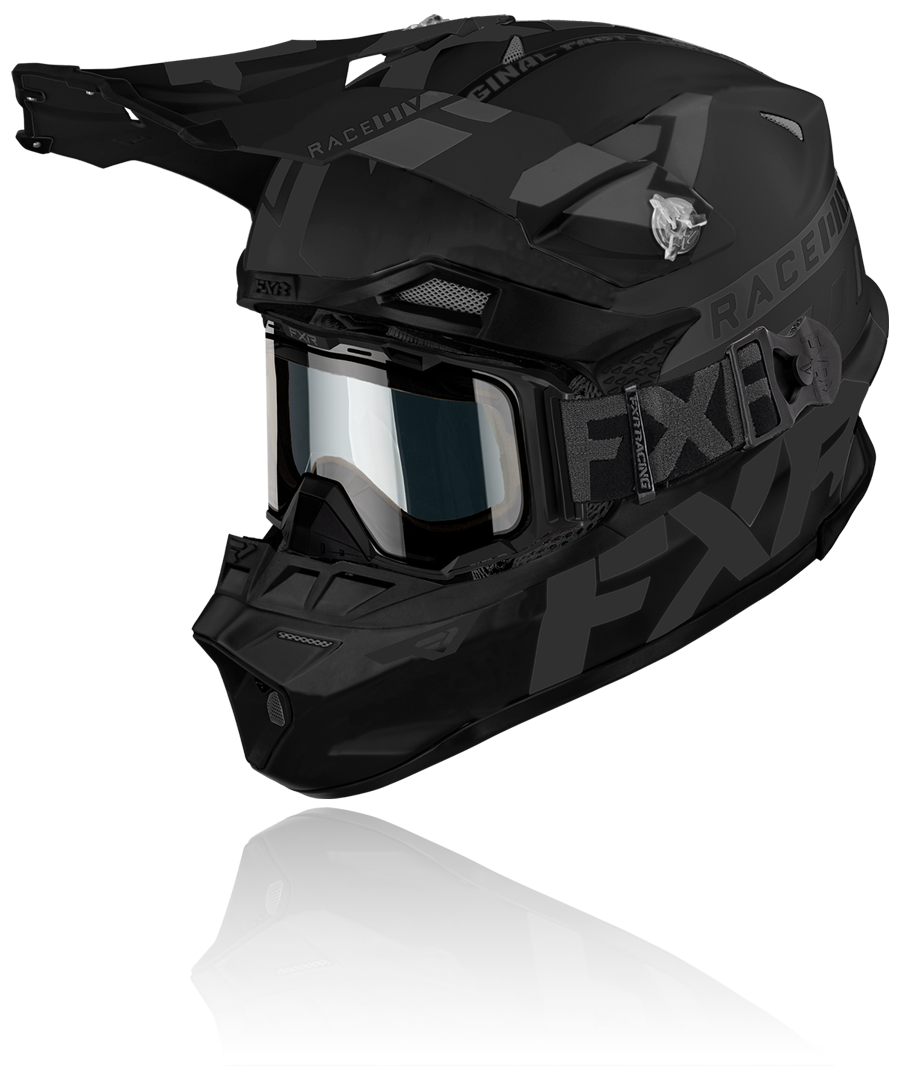 A front view image of FXR's Blade Coldstop QRS black ops colorway helmet