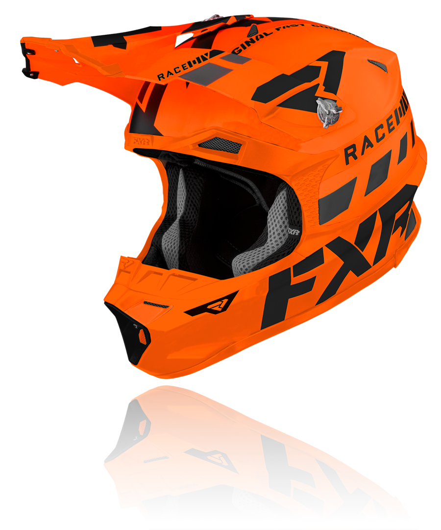 A front view image of FXR's Blade Race Div orange black colorway helmet