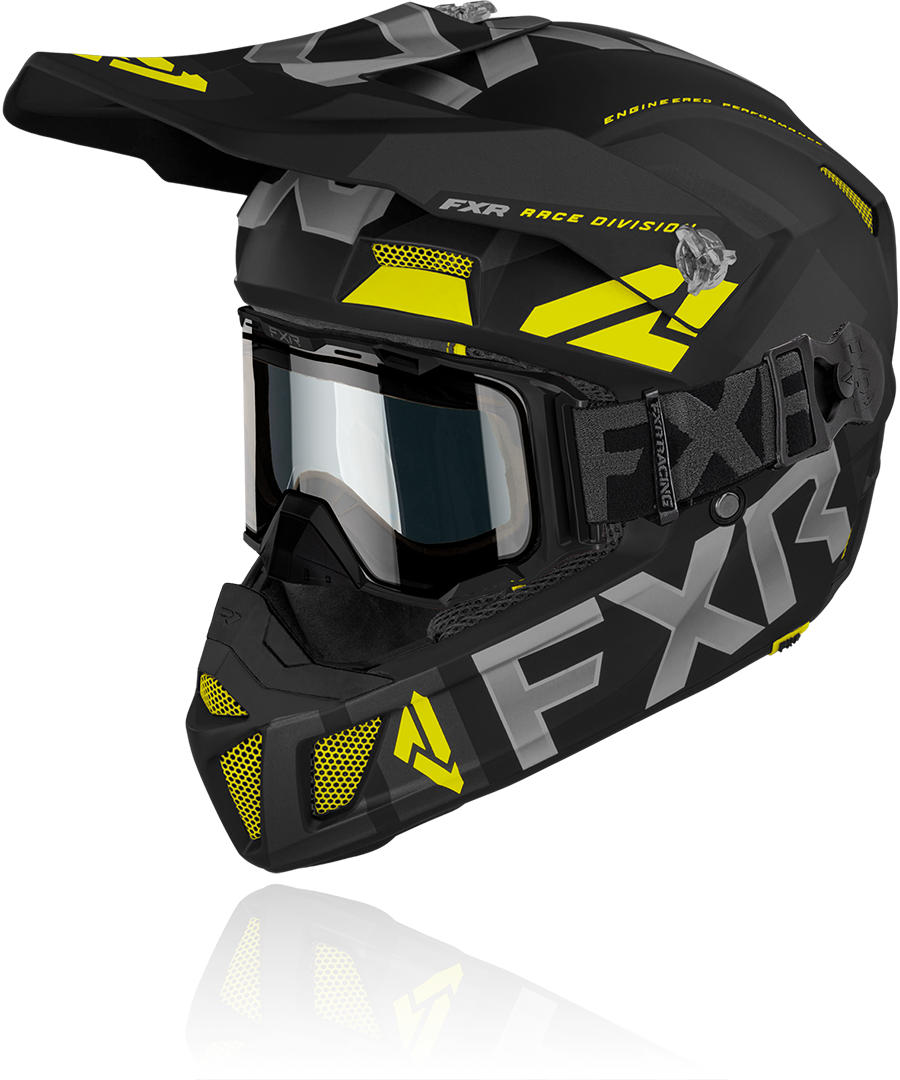 A front view image of FXR's Clutch Coldstop QRS black hi vis colorway helmet