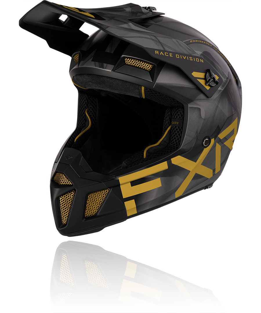 A front view image of FXR's Clutch Smoke gold colorway helmet