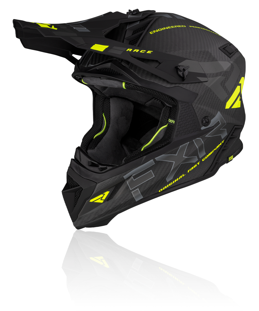 A front view image of FXR's Helium Carbon with d-ring hi-vis charcoal colorway helmet