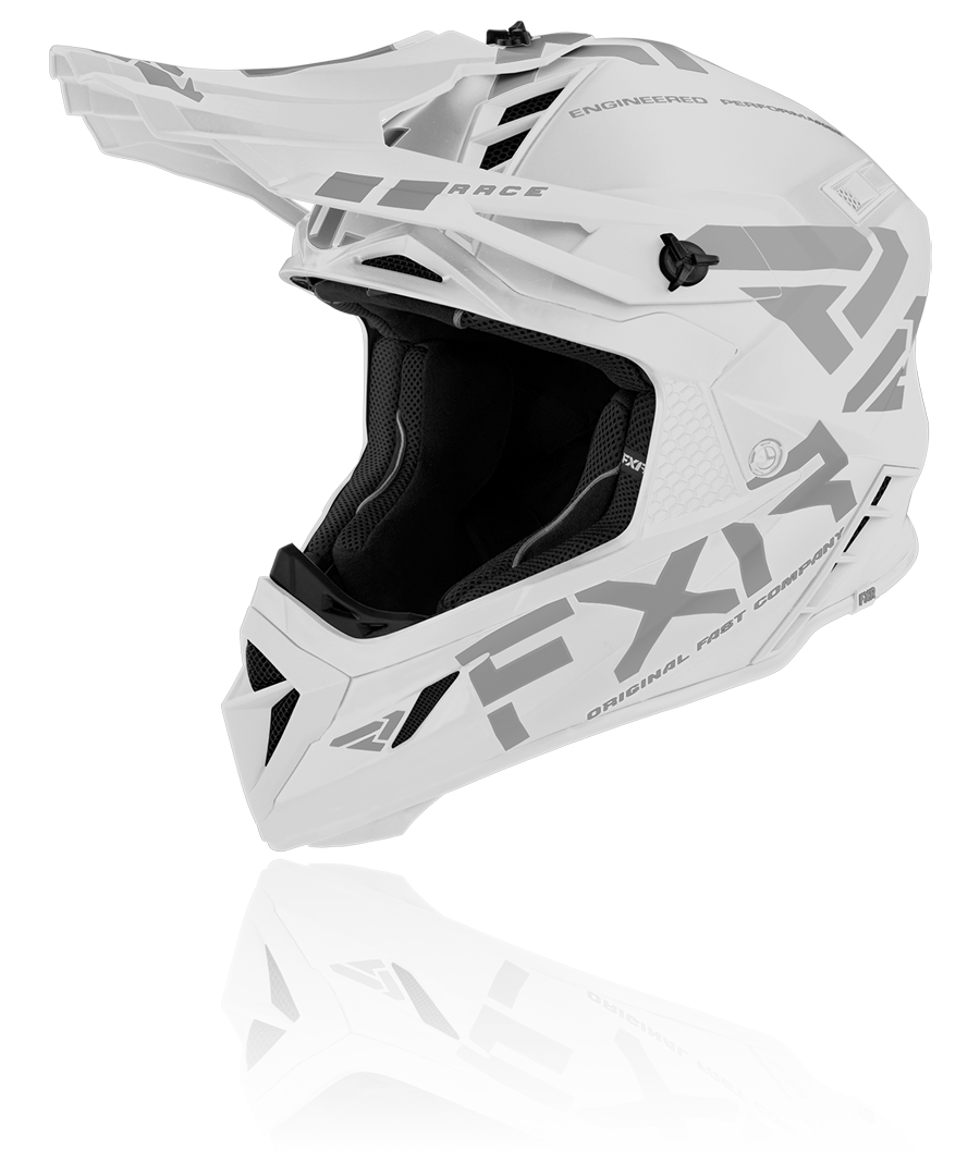 A front view image of FXR's Helium Prime with auto buckle white colorway helmet