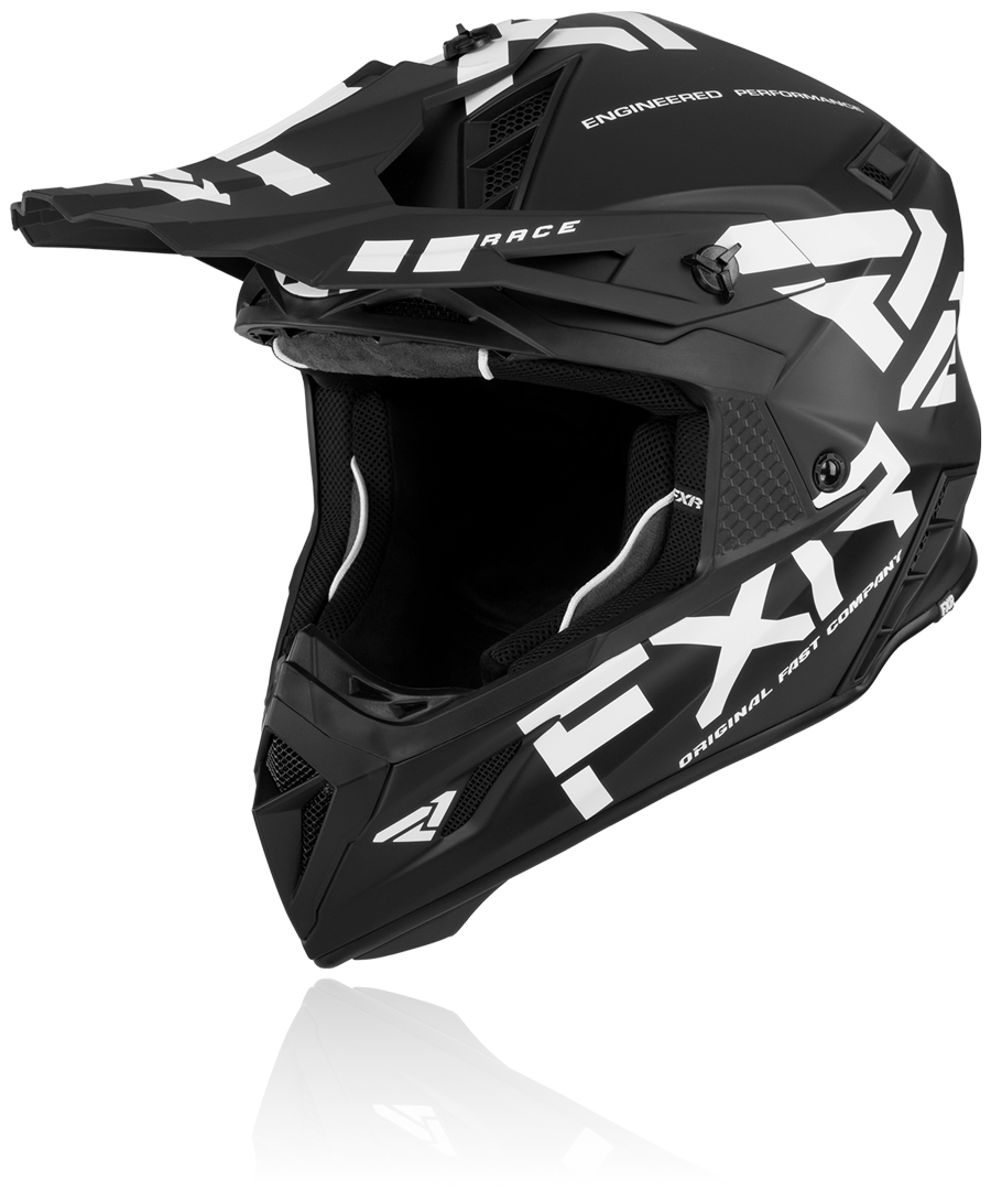 A front view image of FXR's Helium Race Div with d-ring black white colorway helmet