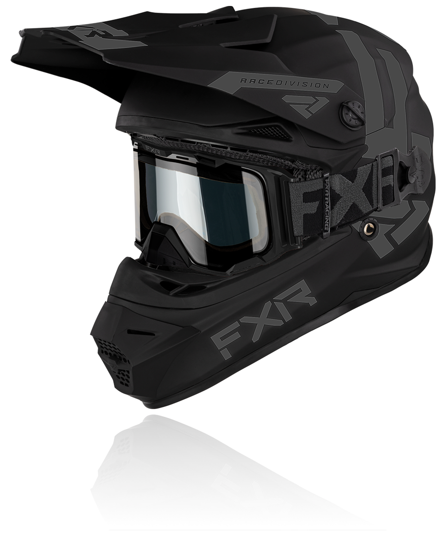 
                    A front view image of FXR's Youth Legion black QRS colorway helmet