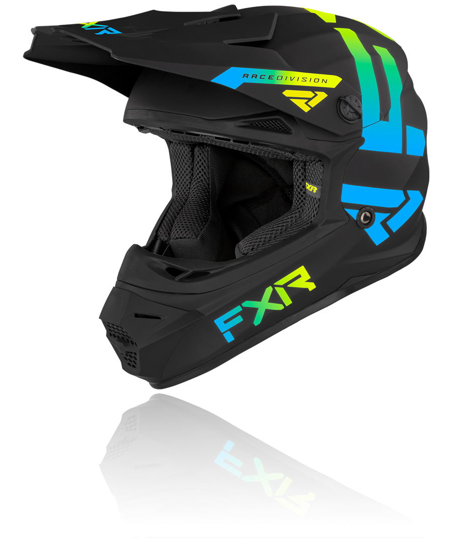 A front view image of FXR's Youth Legion black blue hi vis colorway helmet