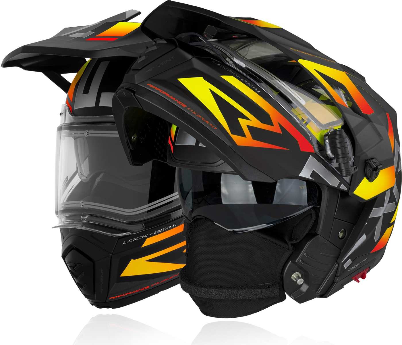 A front view image of FXR's Maverick X black orange colorway helmet
