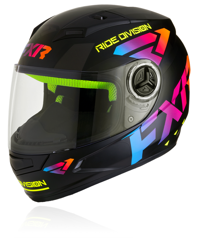 A front view image of FXR's Nitro Core black electric colorway helmet
