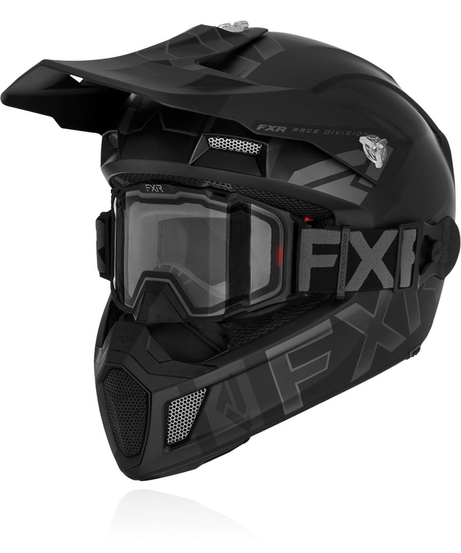 A front view image of FXR's Clutch Coldstop QRS Heated inferno colorway helmet