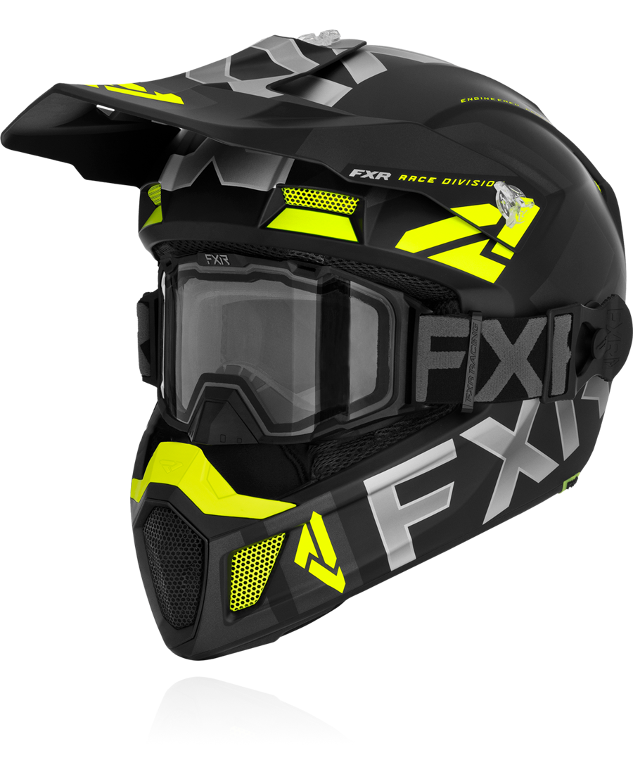 A front view image of FXR's Clutch Coldstop QRS black hi vis colorway helmet