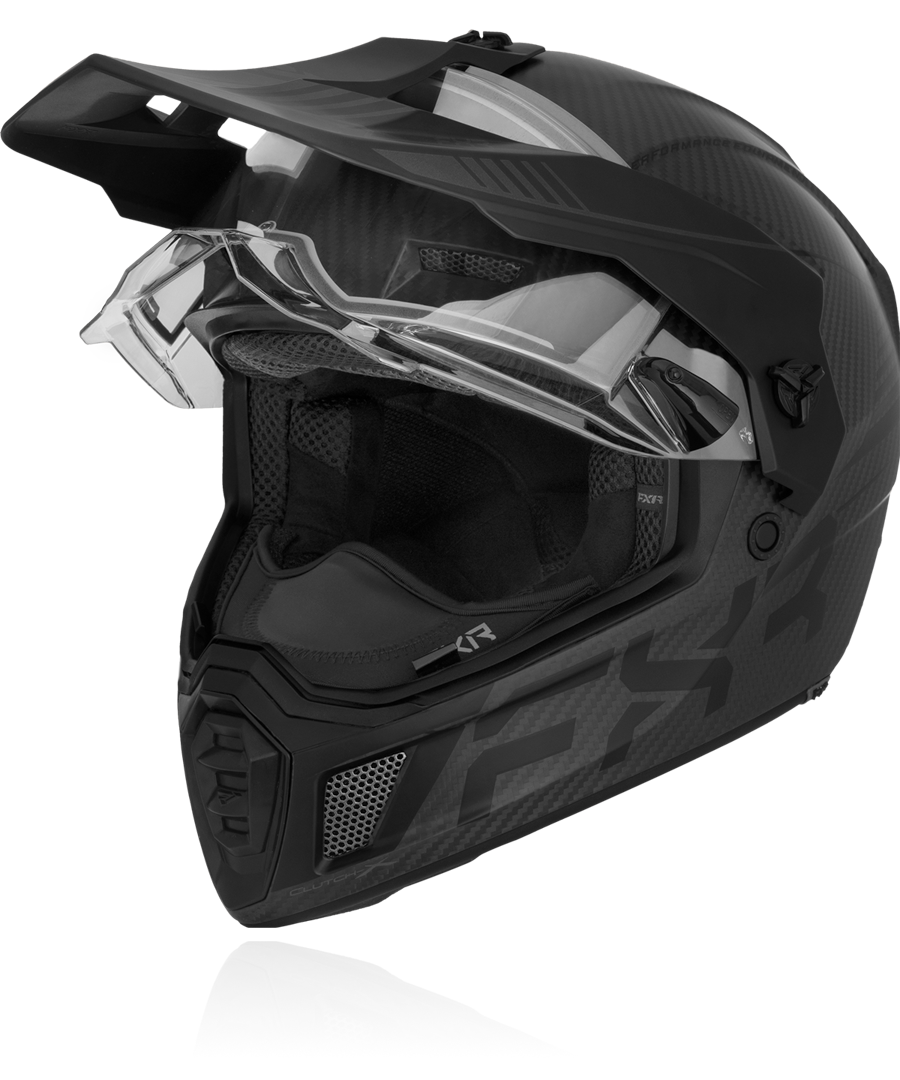 A front view image of FXR's Clutch X Pro Carbon in black ops colorway helmet