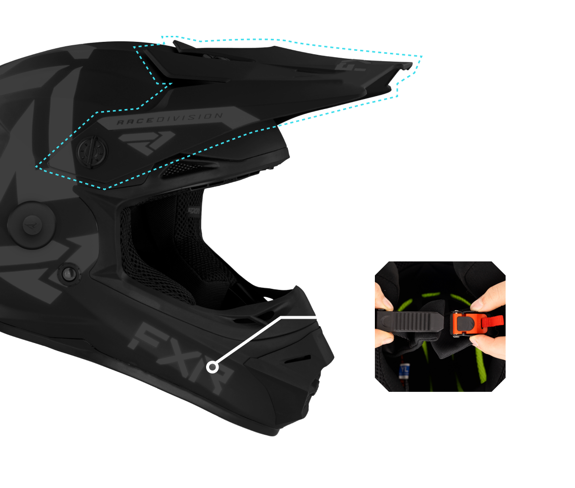 A left-side view image of Youth Legion QRS helmet highlighting the adjustable ultra hi-flow shape peak