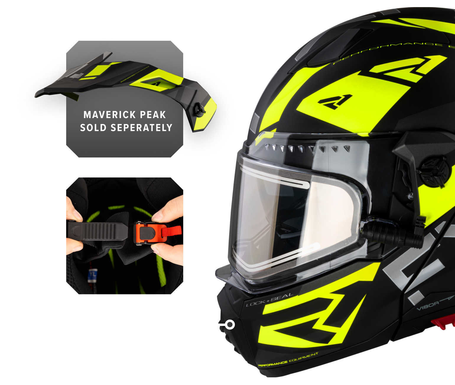 A left-side view image of Maverick Speed helmet featuring the quick-release, easy adjust buckle and showing the peak is sold seperately