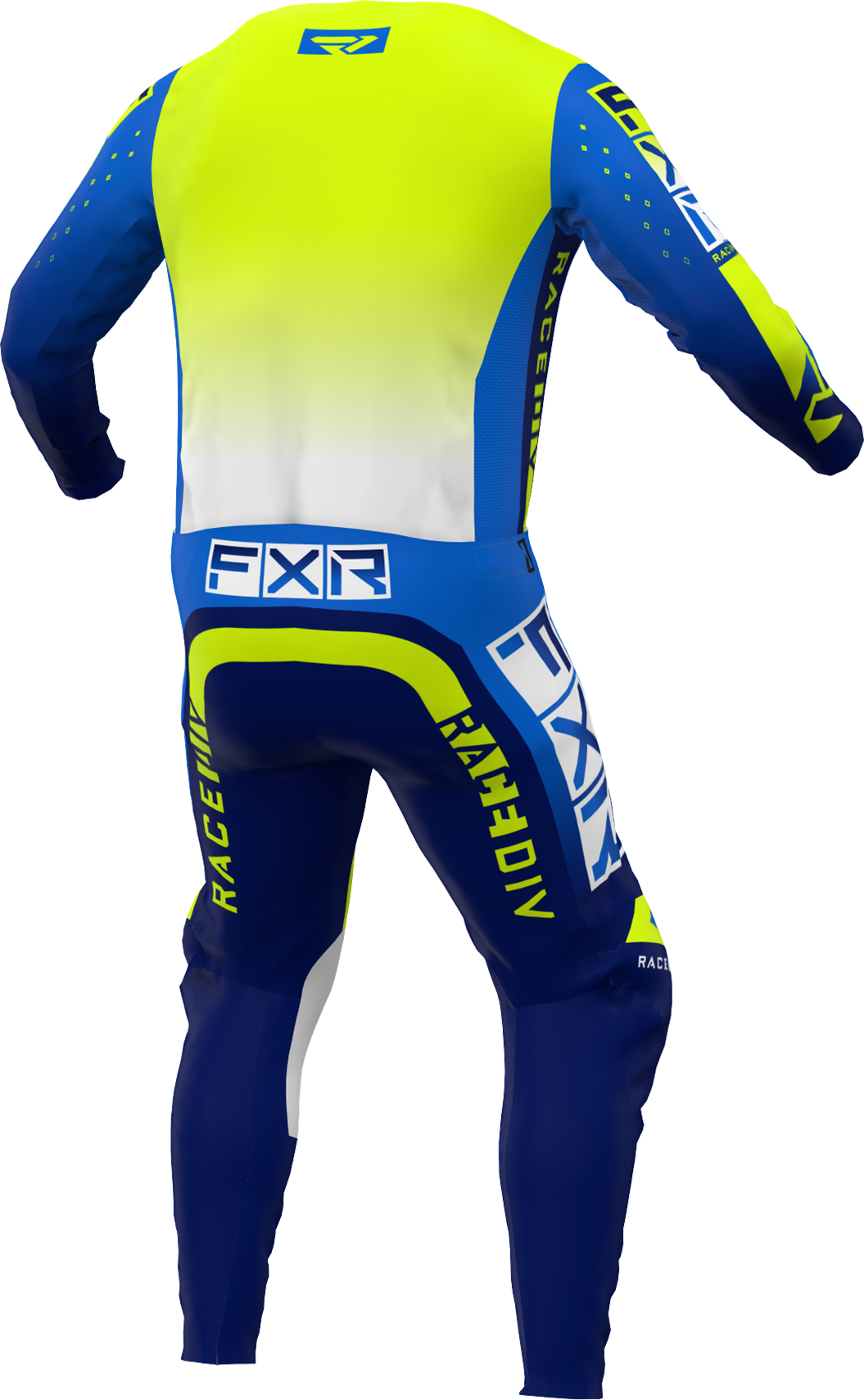 A 3D image of FXR's Podium Pro MX Jersey and Pant in Blue/HiVis colorway