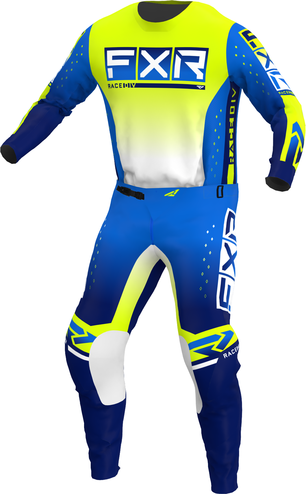 A 3D image of FXR's Podium Pro MX Jersey and Pant in Blue/HiVis colorway