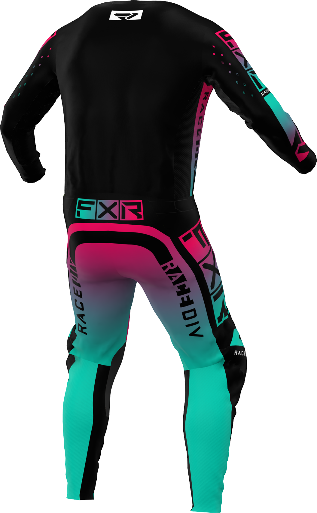 A 3D image of FXR's Podium Pro MX Jersey and Pant in Minty Re-Fresh/Black colorway
