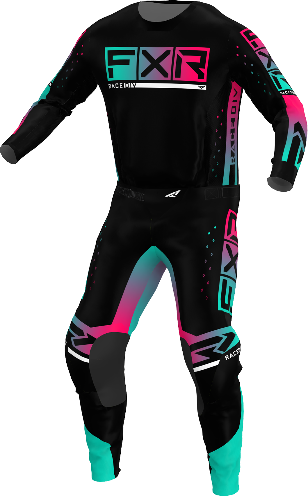 A 3D image of FXR's Podium Pro MX Jersey and Pant in Minty Re-Fresh/Black colorway