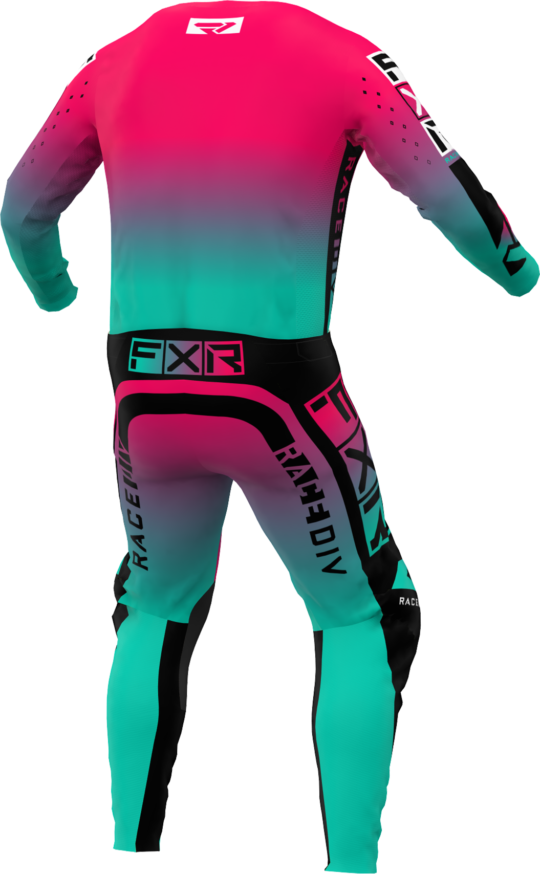 A 3D image of FXR's Podium Pro MX Jersey and Pant in Minty Re-Fresh/Coral colorway