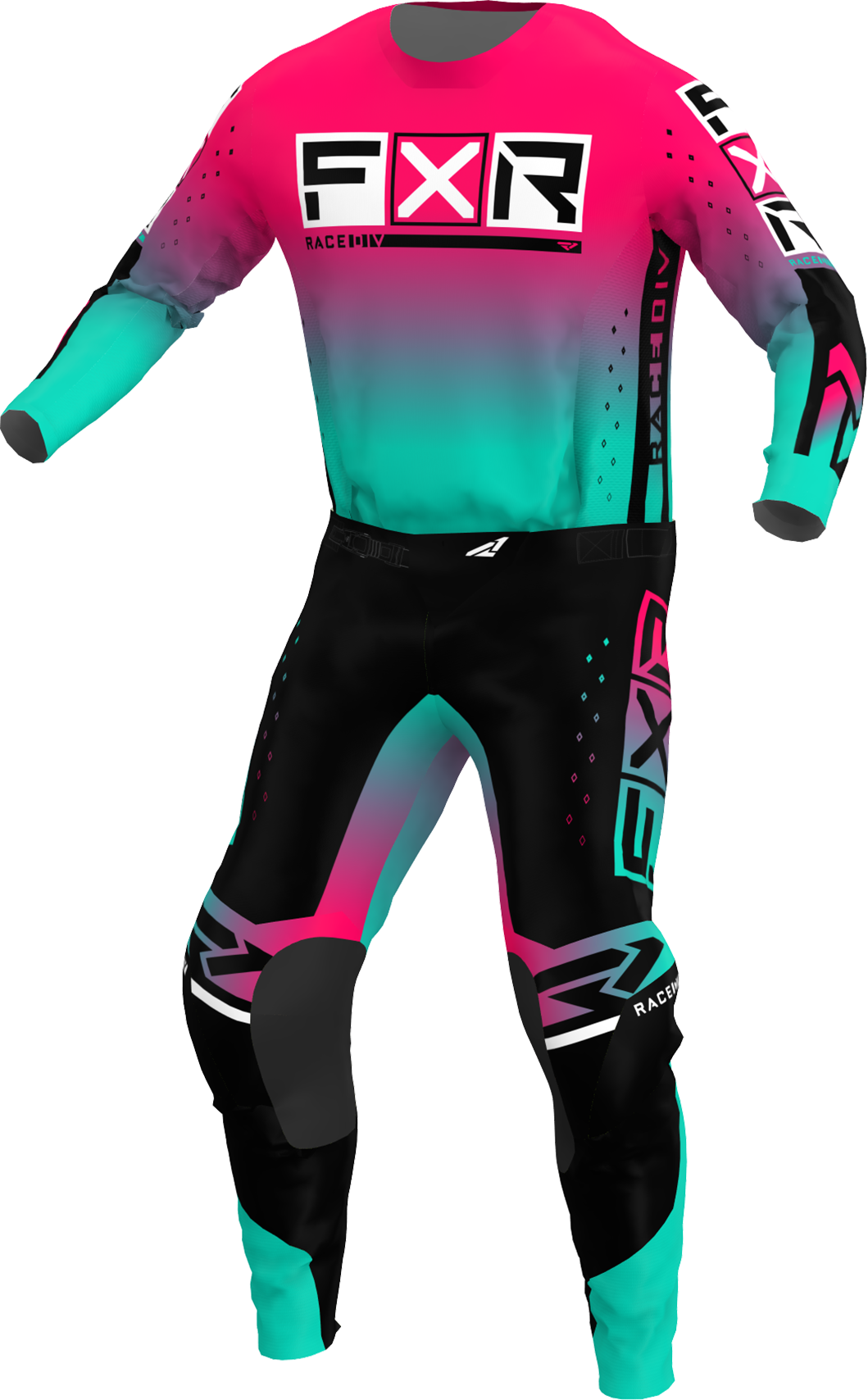 A 3D image of FXR's Podium Pro MX Jersey and Pant in Minty Re-Fresh/Coral colorway