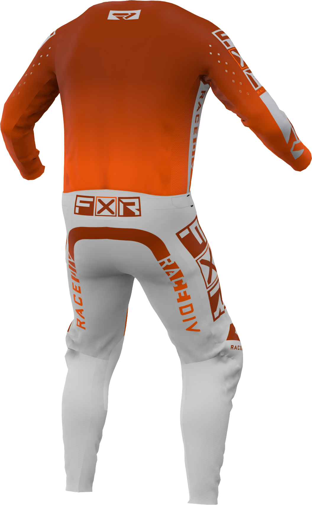 A 3D image of FXR's Podium Pro MX Jersey and Pant in Orange Crush colorway