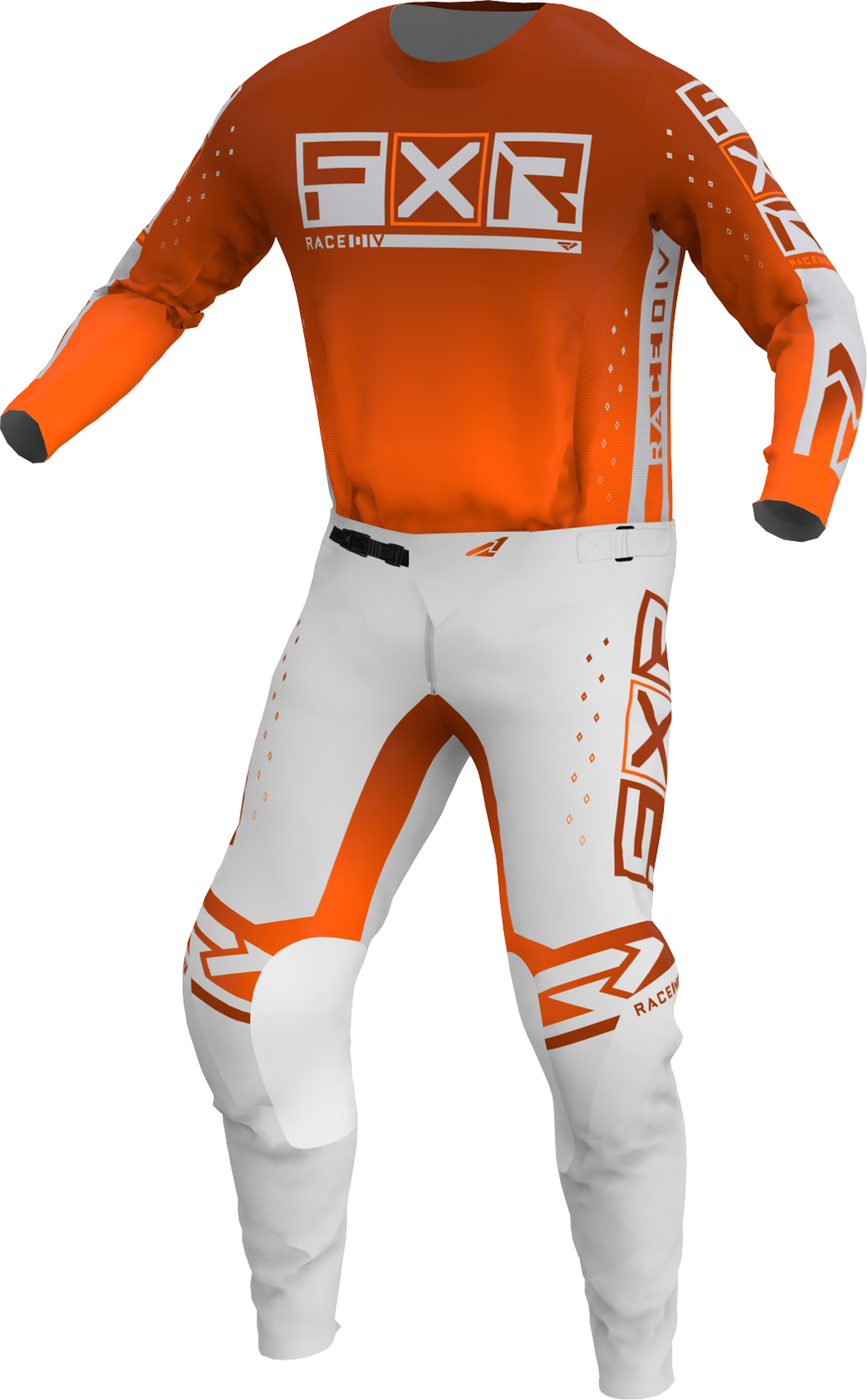 A 3D image of FXR's Podium Pro MX Jersey and Pant in Orange Crush colorway