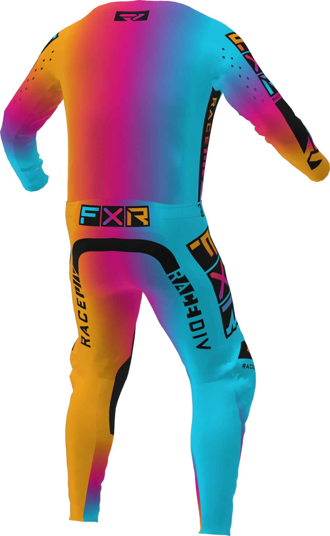 A 3D image of FXR's Podium Pro MX Jersey and Pant in Spectrum colorway