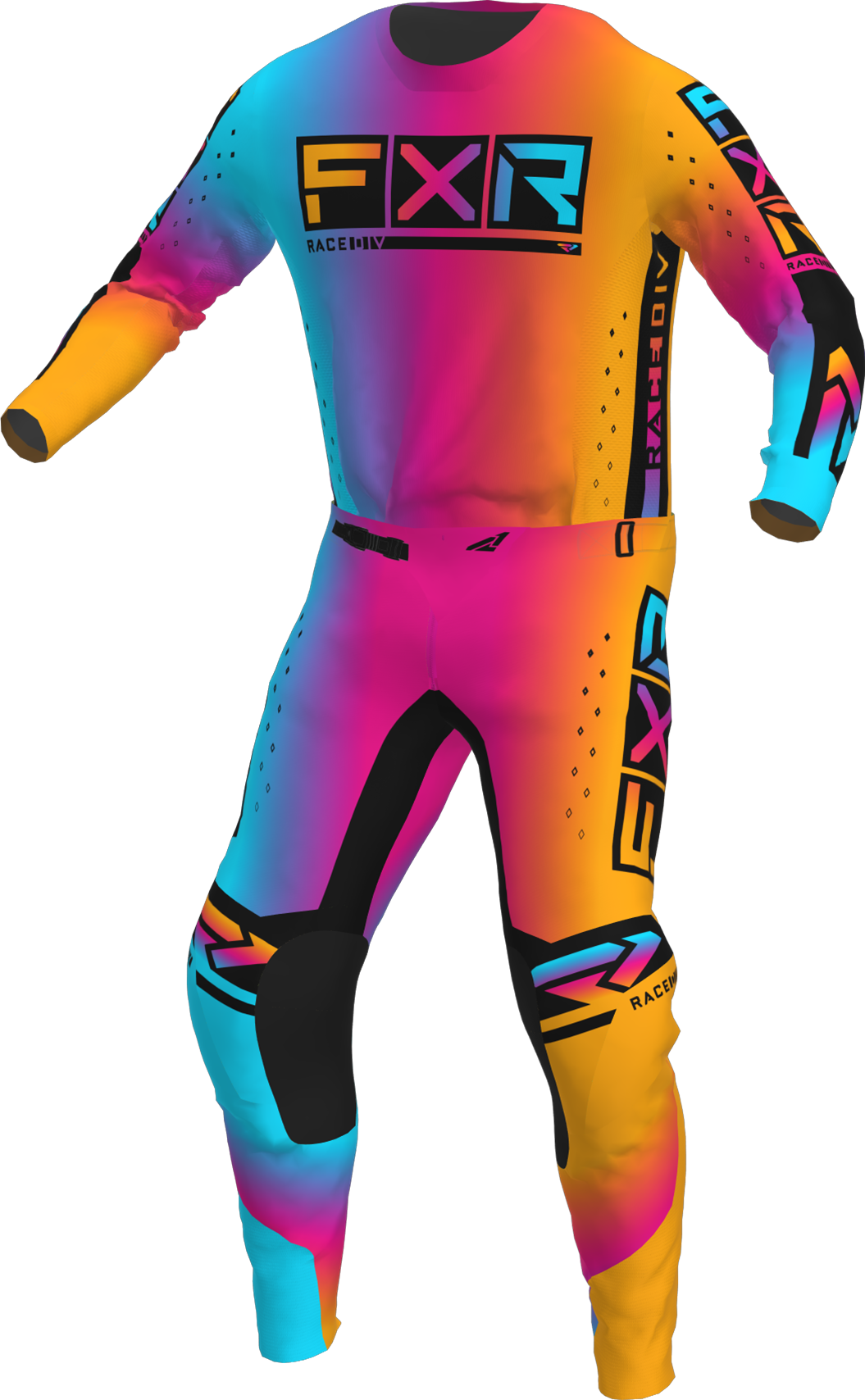 A 3D image of FXR's Podium Pro MX Jersey and Pant in Spectrum colorway