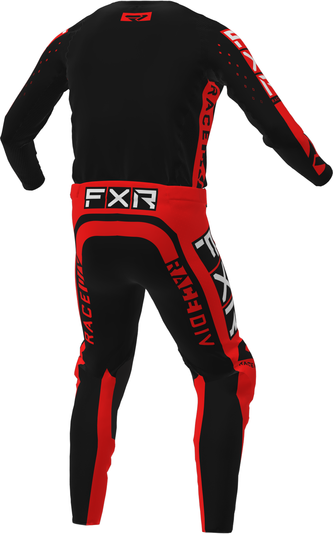 A 3D image of FXR's Podium Pro LE MX Jersey and Pant in Black/Red colorway