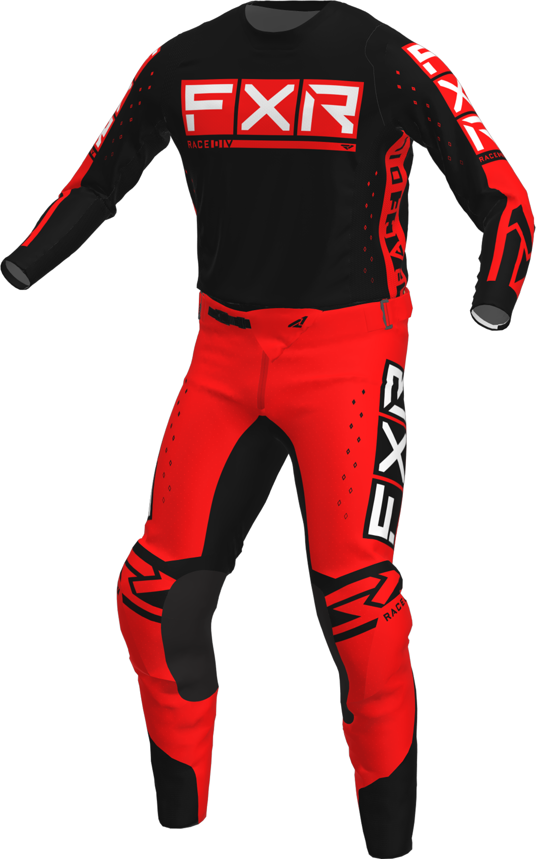 A 3D image of FXR's Podium Pro LE MX Jersey and Pant in Black/Red colorway