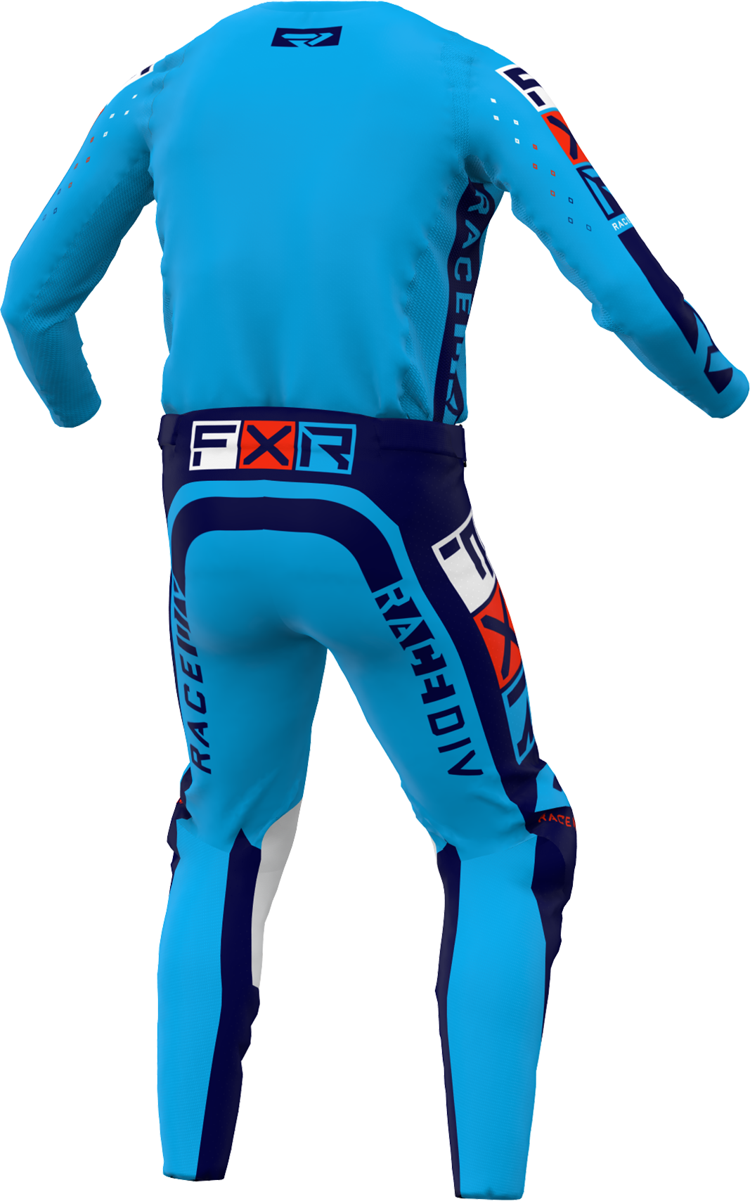 A 3D image of FXR's Podium Pro LE MX Jersey and Pant in Cyan/Red/Navy colorway