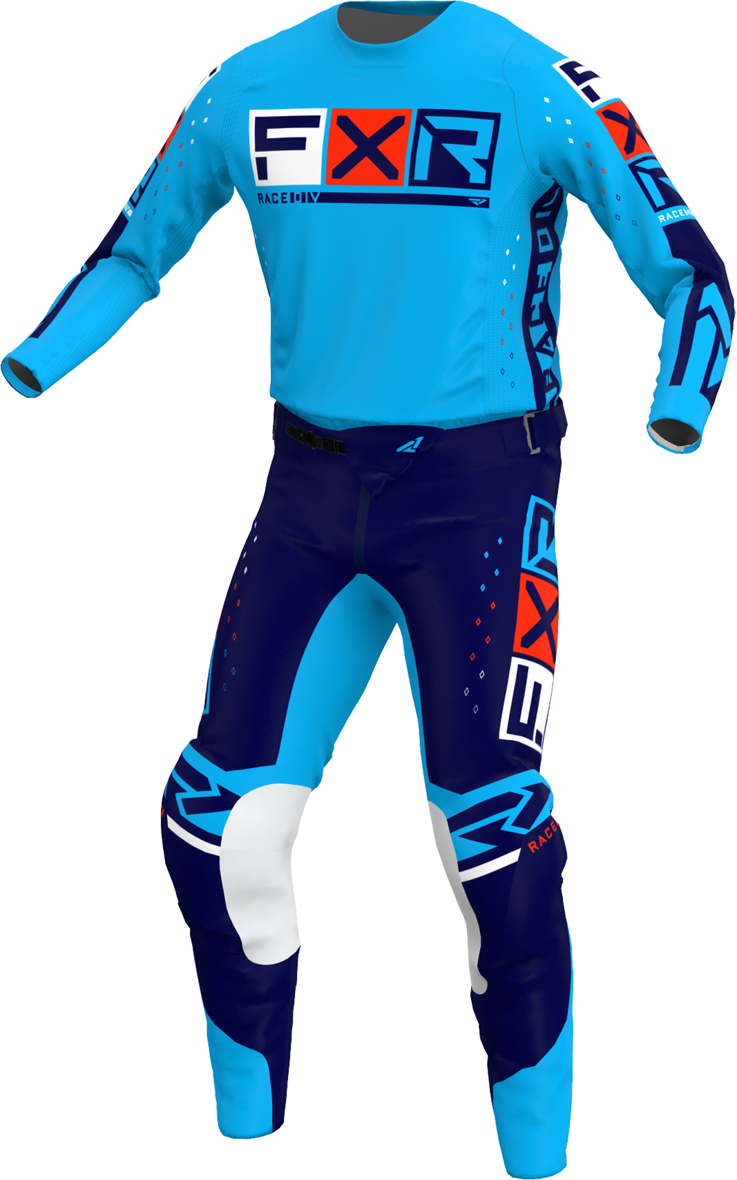 A 3D image of FXR's Podium Pro LE MX Jersey and Pant in Cyan/Red/Navy colorway