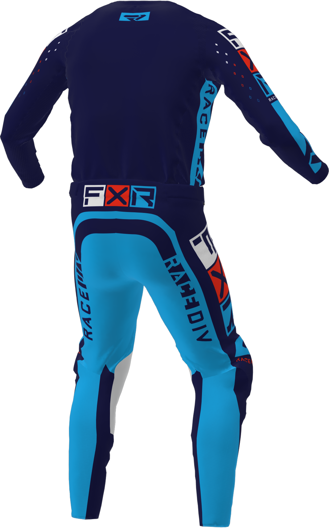 A 3D image of FXR's Podium Pro LE MX Jersey and Pant in Navy/Cyan/Red colorway