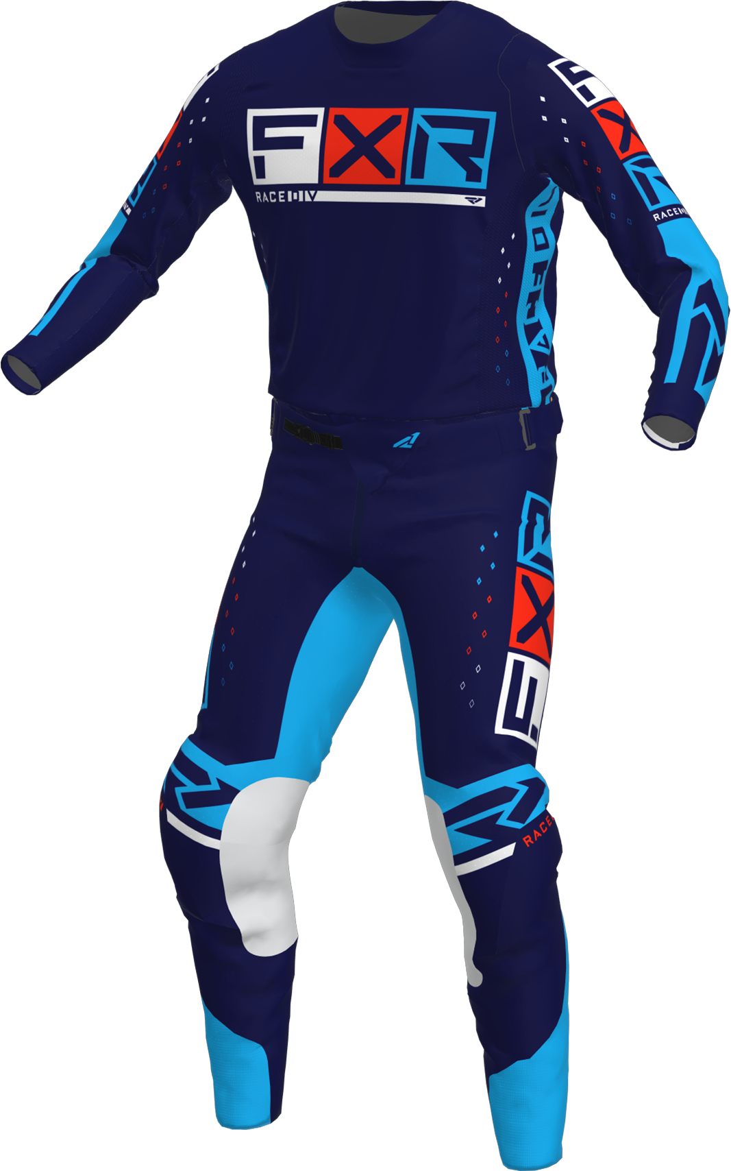 A 3D image of FXR's Podium Pro LE MX Jersey and Pant in Navy/Cyan/Red colorway