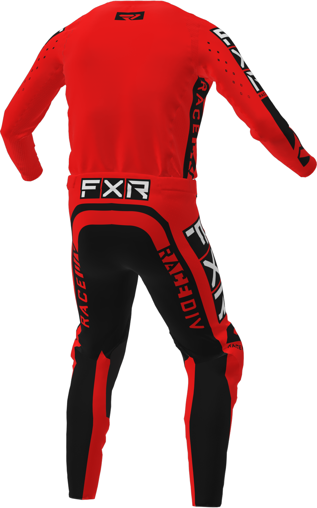 A 3D image of FXR's Podium Pro LE MX Jersey and Pant in Red/Black colorway