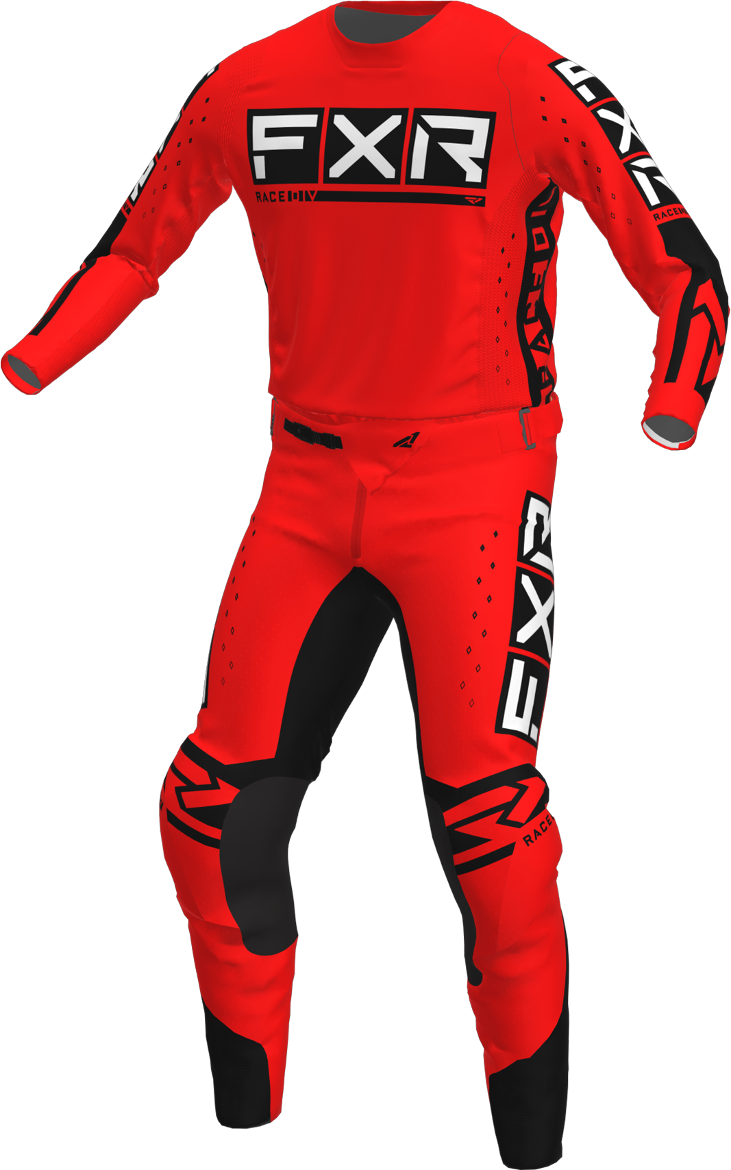 A 3D image of FXR's Podium Pro LE MX Jersey and Pant in Red/Black colorway