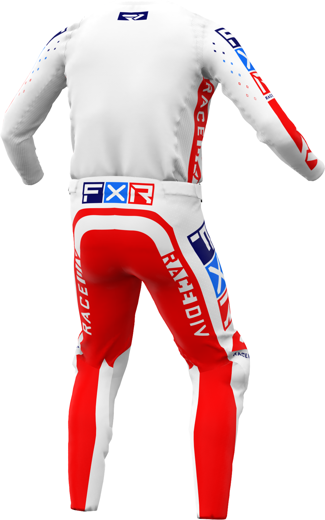 A 3D image of FXR's Podium Pro LE MX Jersey and Pant in White/Red/Blue colorway