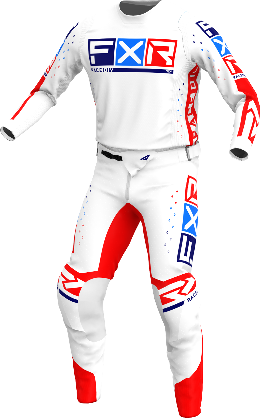 A 3D image of FXR's Podium Pro LE MX Jersey and Pant in White/Red/Blue colorway