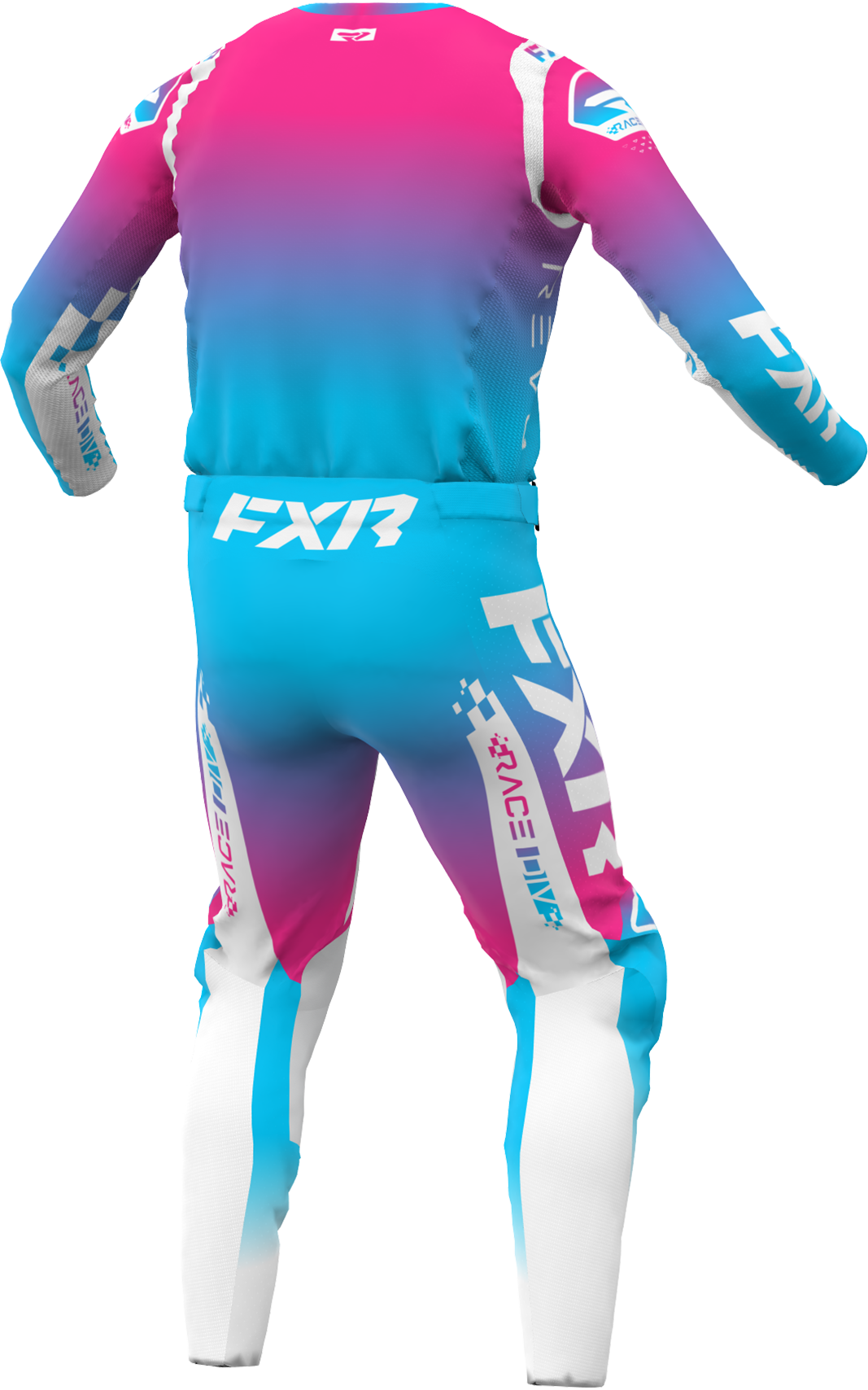 A 3D image of FXR's Revo Comp MX Jersey and Pant in Cotton Candy colorway