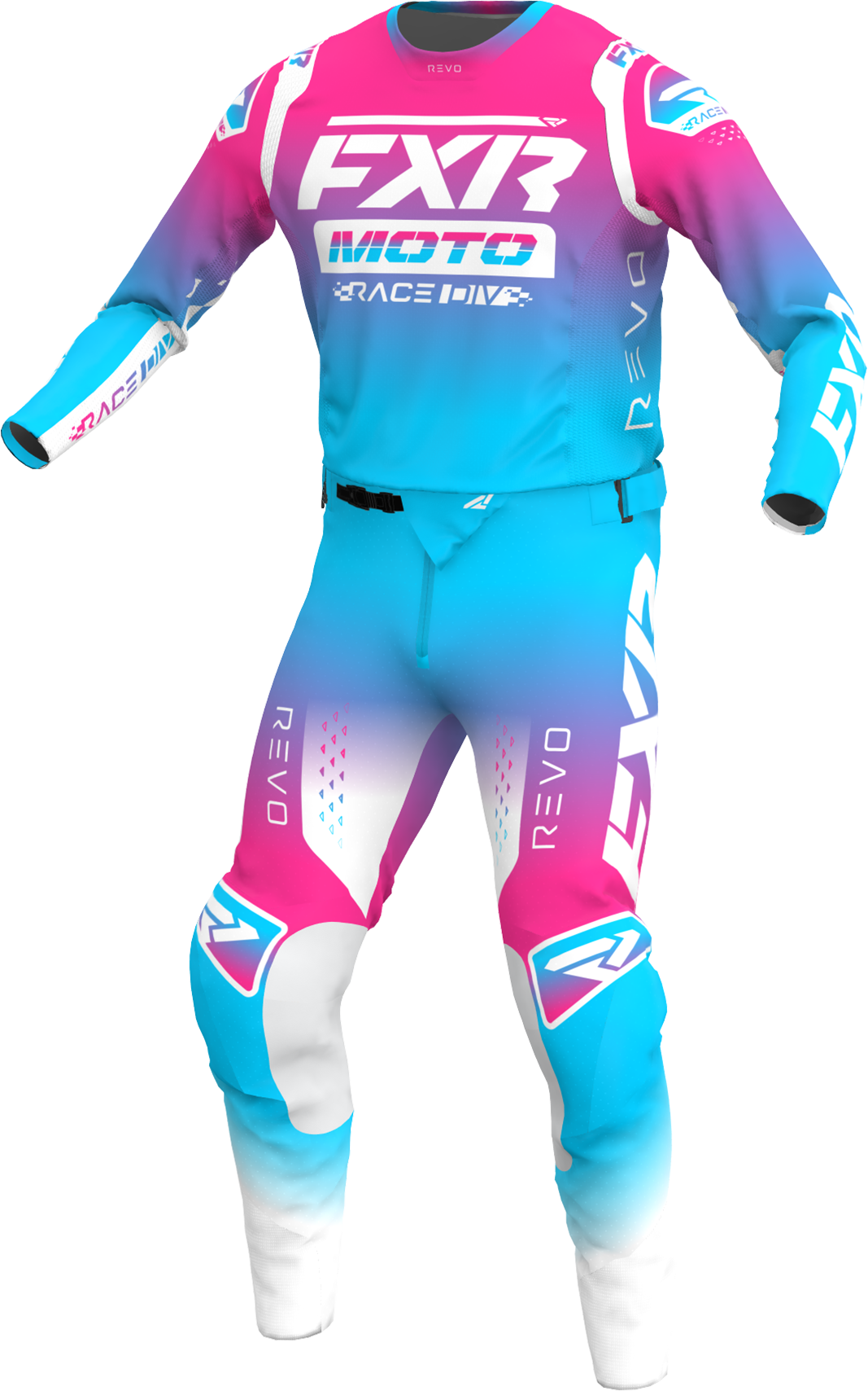 A 3D image of FXR's Revo Comp MX Jersey and Pant in Cotton Candy colorway
