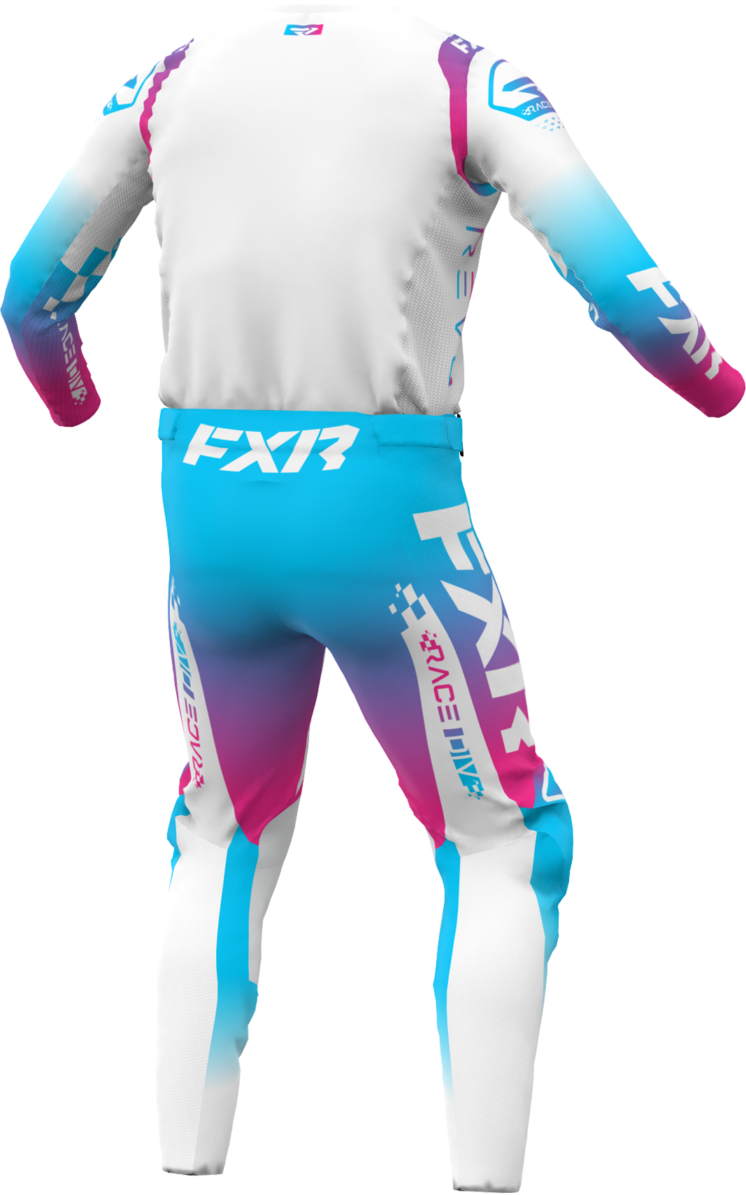 A 3D image of FXR's Revo Comp MX Jersey and Pant in Cotton Candy/White colorway