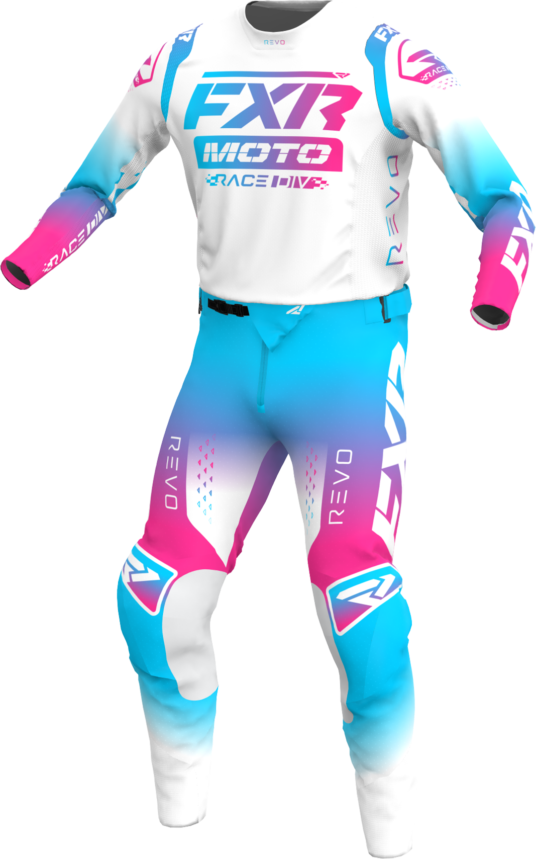 A 3D image of FXR's Revo Comp MX Jersey and Pant in Cotton Candy/White colorway