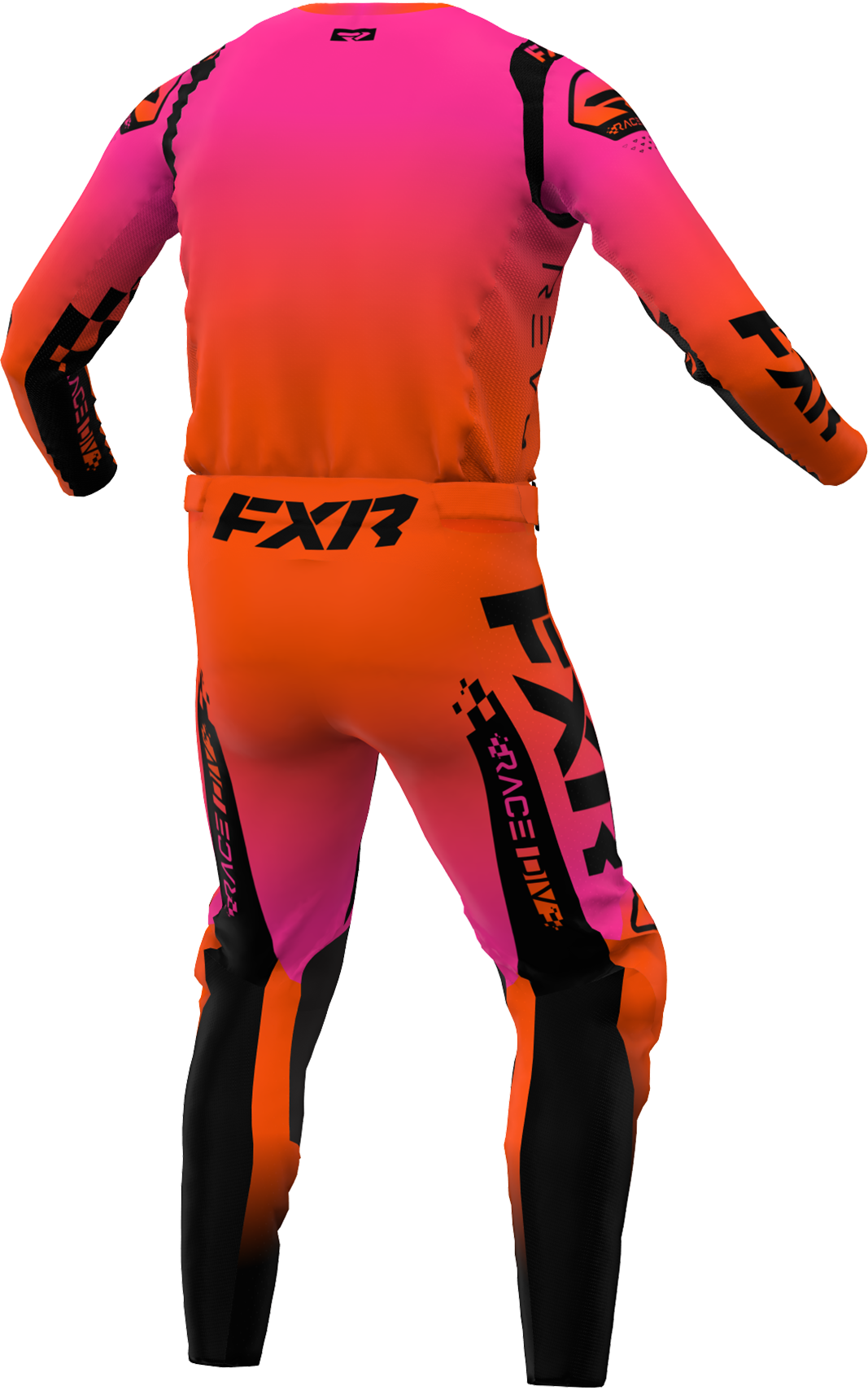 A 3D image of FXR's Revo Comp MX Jersey and Pant in Fla-Mango colorway