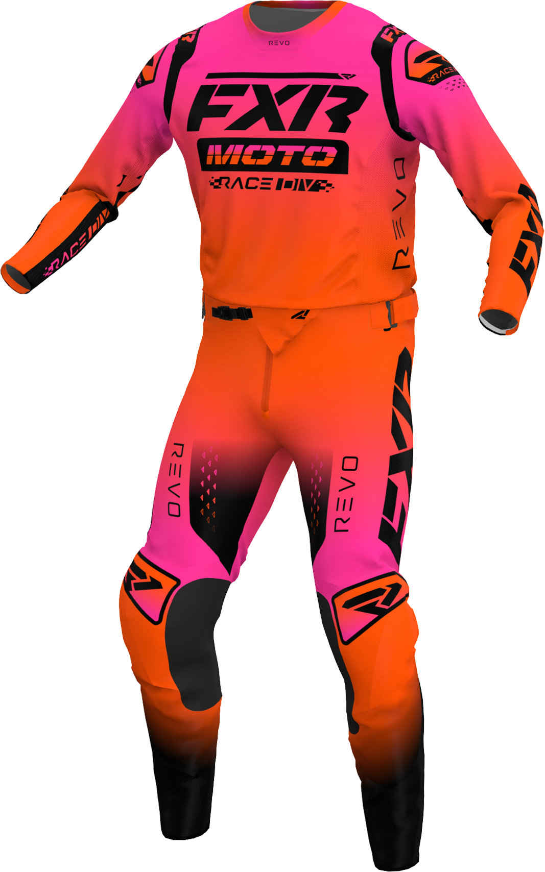 A 3D image of FXR's Revo Comp MX Jersey and Pant in Fla-Mango colorway