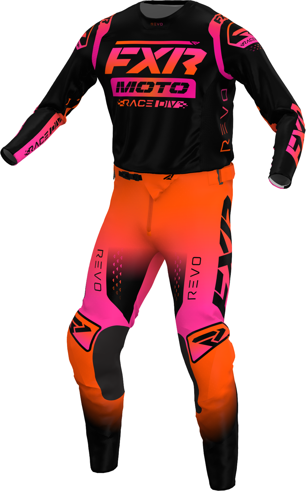 A 3D image of FXR's Revo Comp MX Jersey and Pant in Fla-Mango/Black colorway